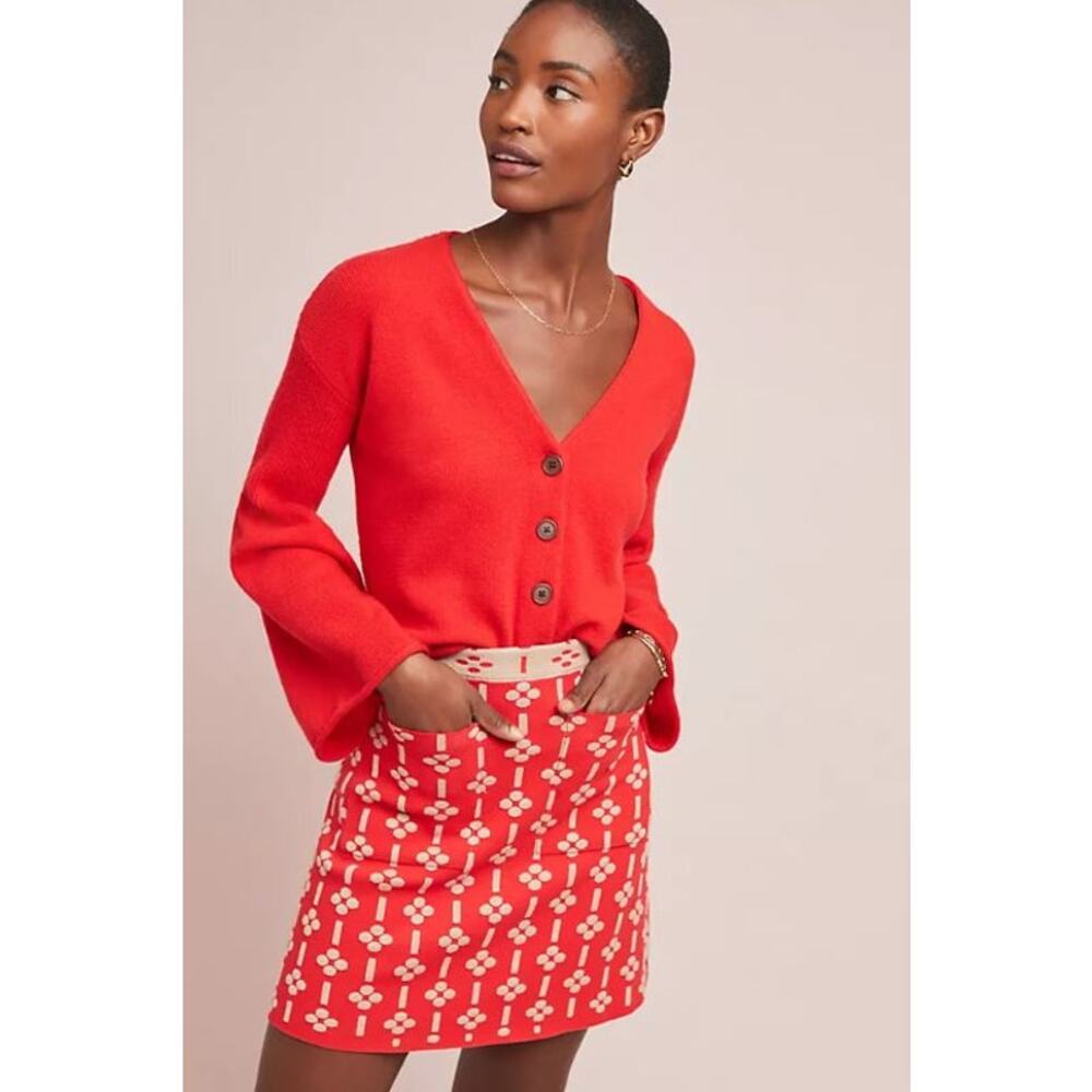 Maeve Anthropologie Quant Patterned A-Line Mini Skirt Red Beige Womens Size XS